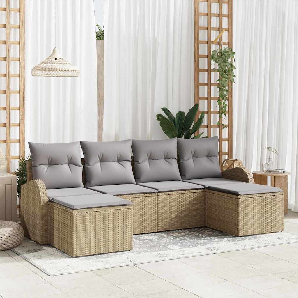 Garten-Sofa-Set mit Kissen 6 pcs Beige und Hellgrau Poly Rattan